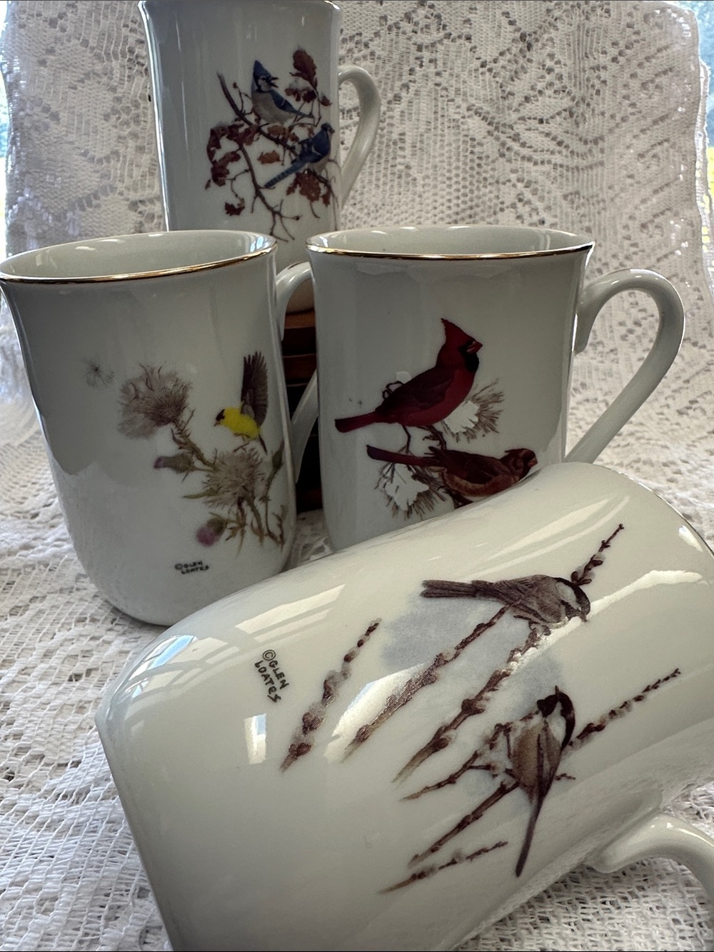 Vintage White Porcelain Mugs with Glen Loates Bird Illustrations and Gold Trim